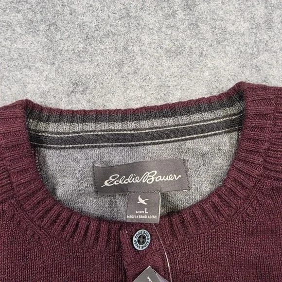 Eddie Bauer Sweater Mens Large Red 100% Cotton Henley Knit Crew Neck Pullover - Picture 7 of 13